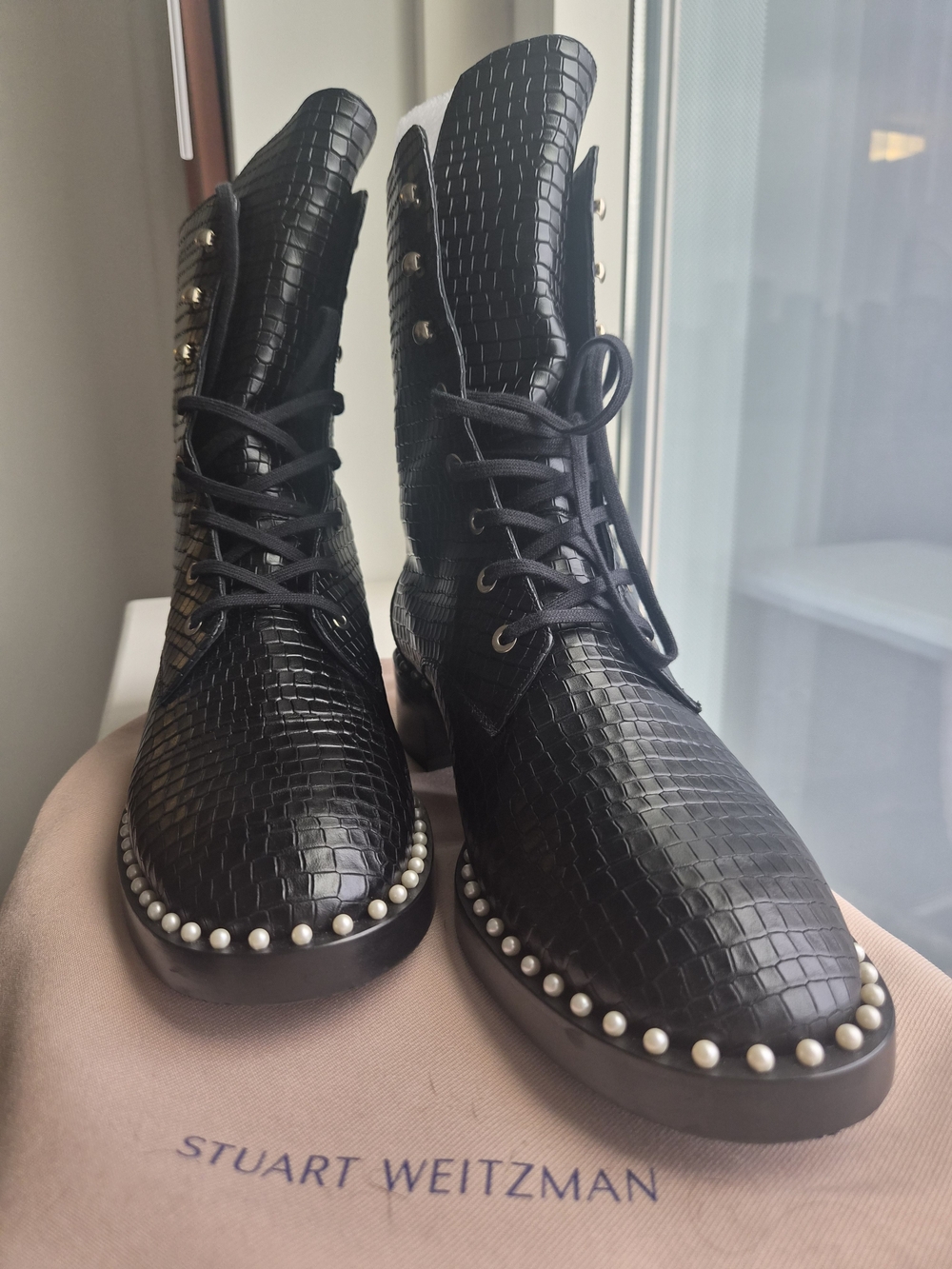 Stuart Weitzman Black Croc-Embossed Pearl-Trim Lace-Up Boots